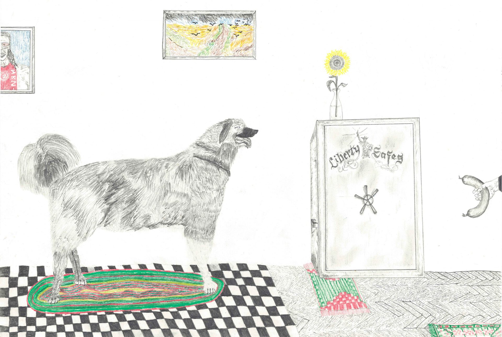Liberty Saves und Listenhund (es geht um die Wurst), 2021, Color pencil and graphite on paper, wooden frame, plexiglas 38 x 29,7 cm