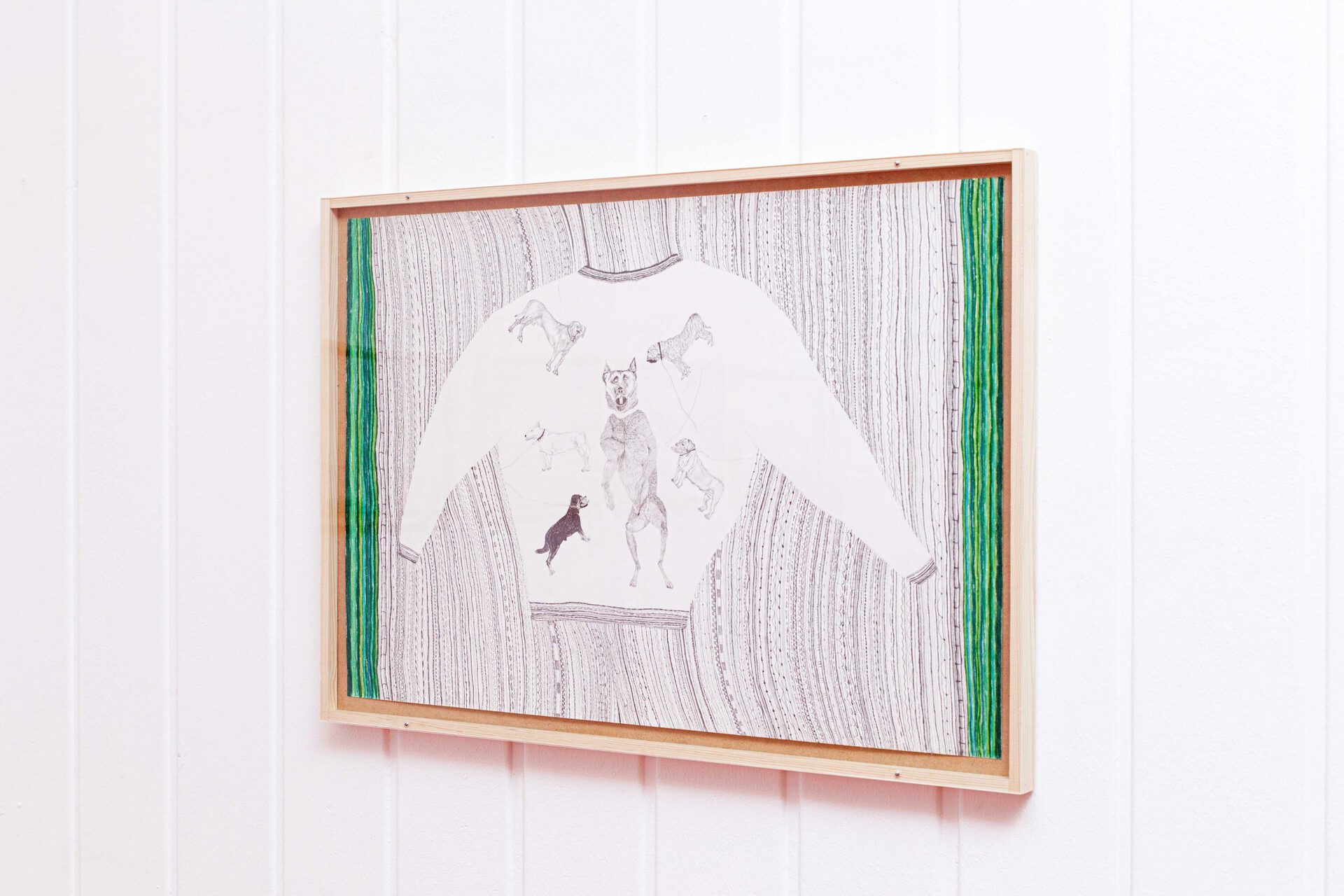Pullover Kettenhunde (Schäferhund, Bullterrier, Mastiff, Cane Corso,Rottweiler,..) 2021, Color pencil and graphite on paper, wooden frame, plexiglas 68 x 48 cm