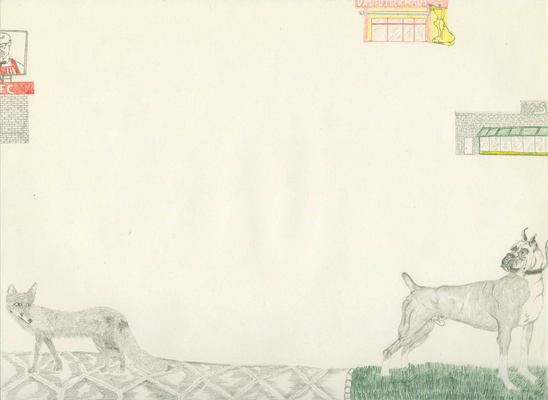 LANDFLUCHT(F*** die Uckermark)-Self-Domestication - Bulldogge & Fuchs - Wegkreuzung, 2021, Color pencil and graphite on paper, wooden frame, plexiglas 38 x 29,7 cm