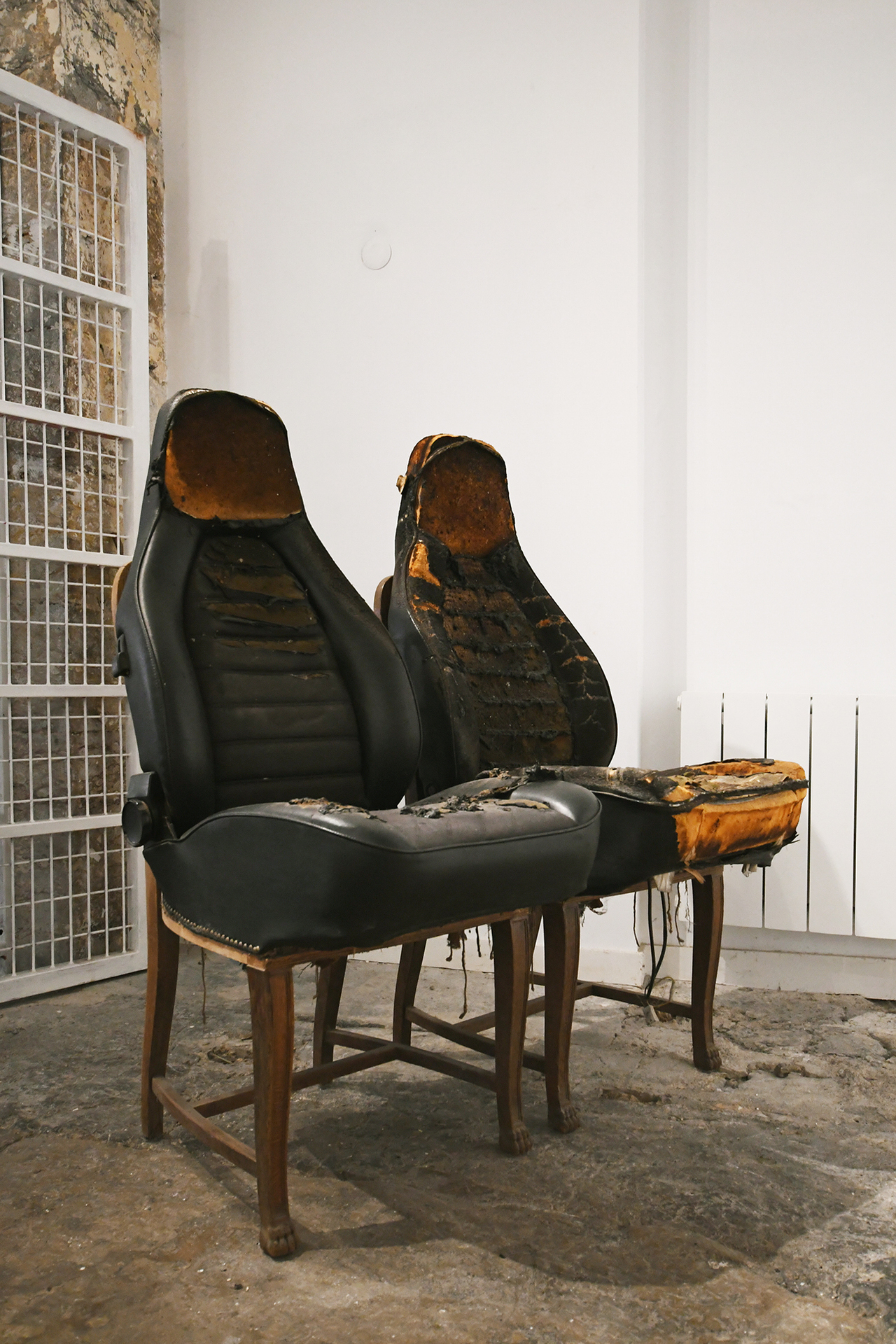 Together, 130 x 62 x 65 cm each, seats from a crashed Porsche on old chairs, unholster nails, 2021