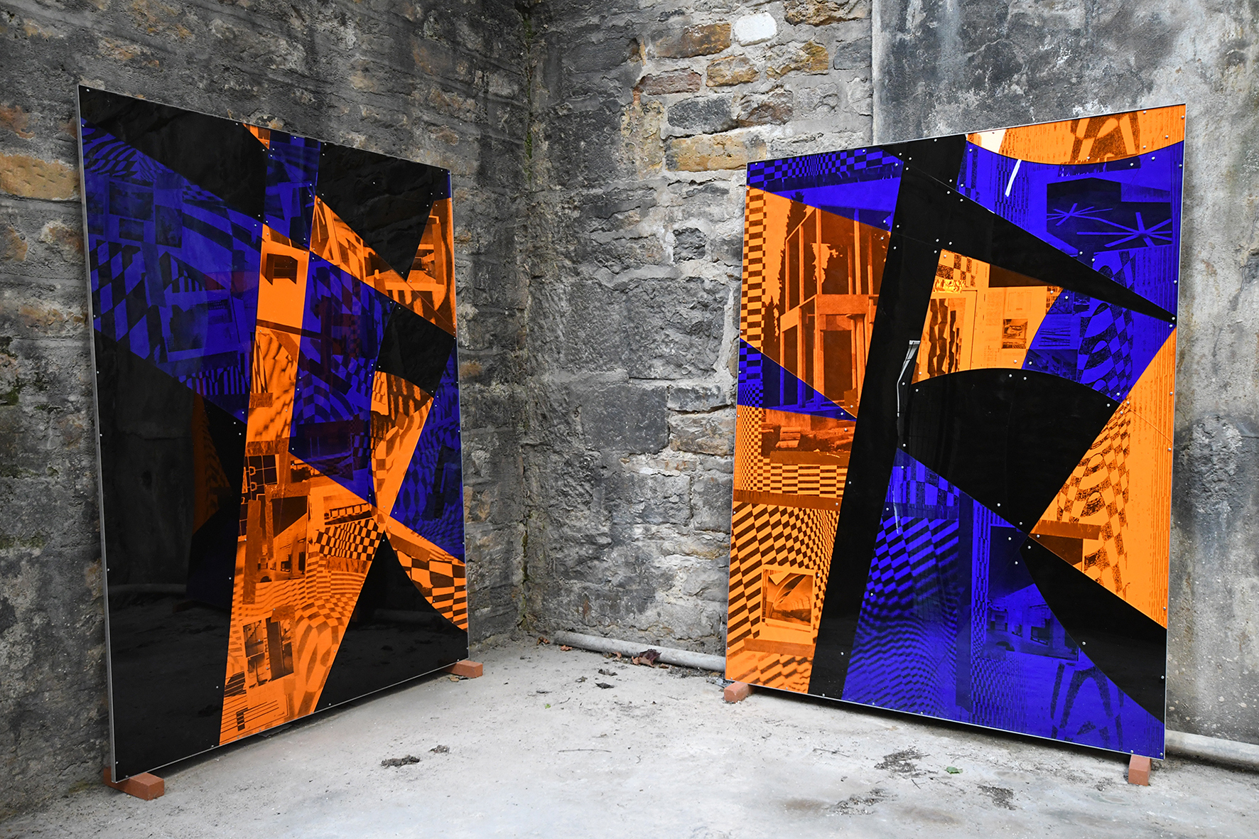 Basile Ghosn, SECRET FRIEND I & III, 200 x 150 cm, wood, photocopies, screen print, silver tape, aluminium and plexiglas, 2021