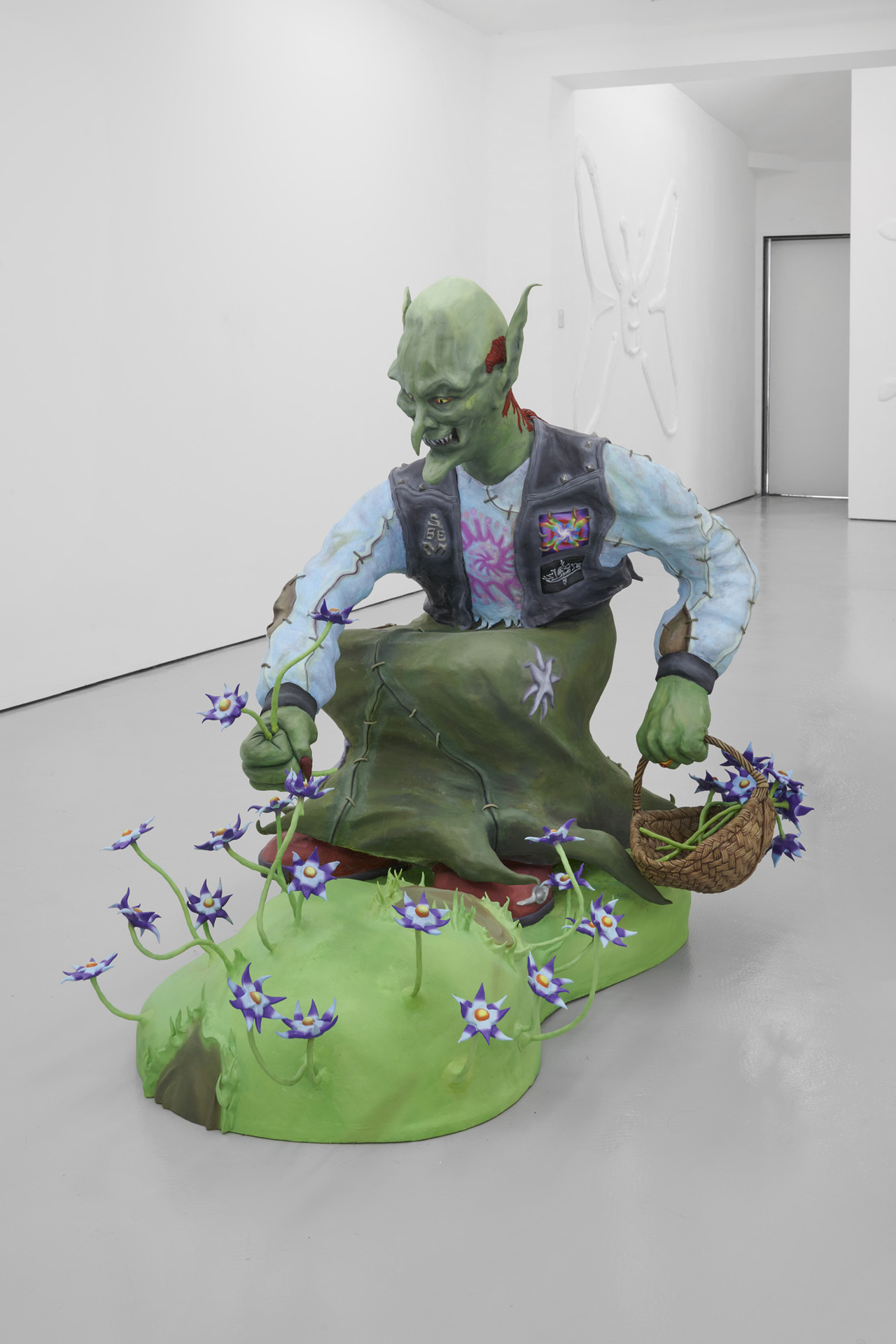 Picking Night Flowers, 2020. Steel armature, polystyrene, jesmonite, epoxy modelling clay, oil paint, nail polish. H 113 W 87 D 130.
