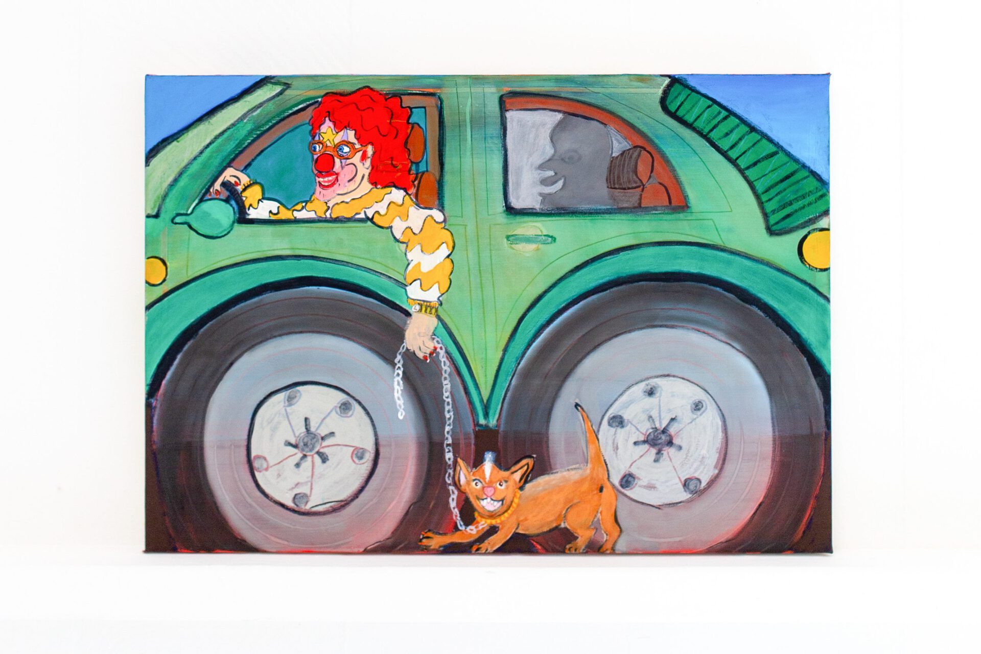 Chris Retsina, Clowny Walking Her Chihuahua, 2021, Flashe Paint, Pan Pastel, 20 x 14 inches