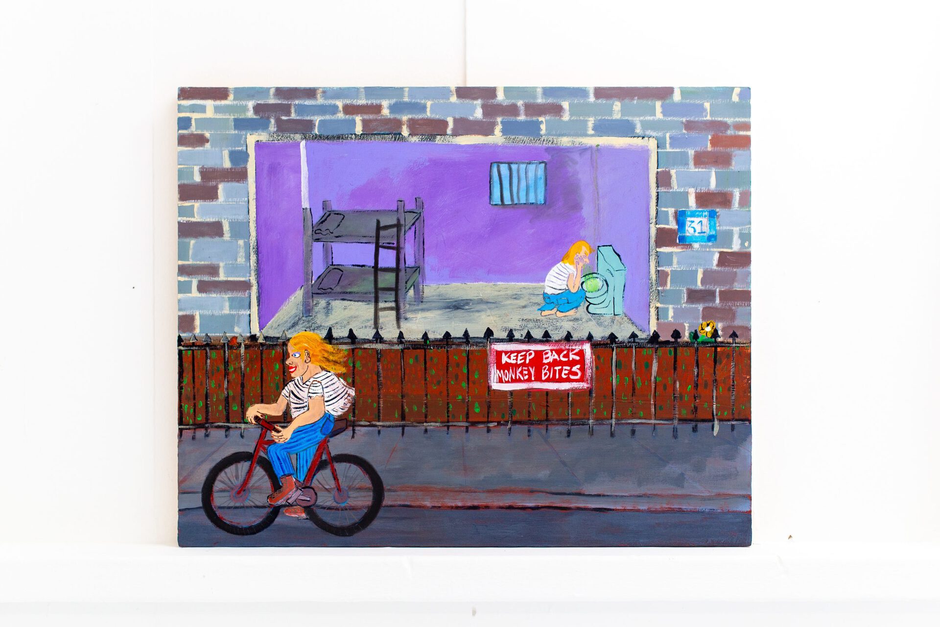 Chris Retsina, Keep Back, Monkey Bites, 2021, Flashe paint, Pan Pastel on wood panel, 20 x 16 inches