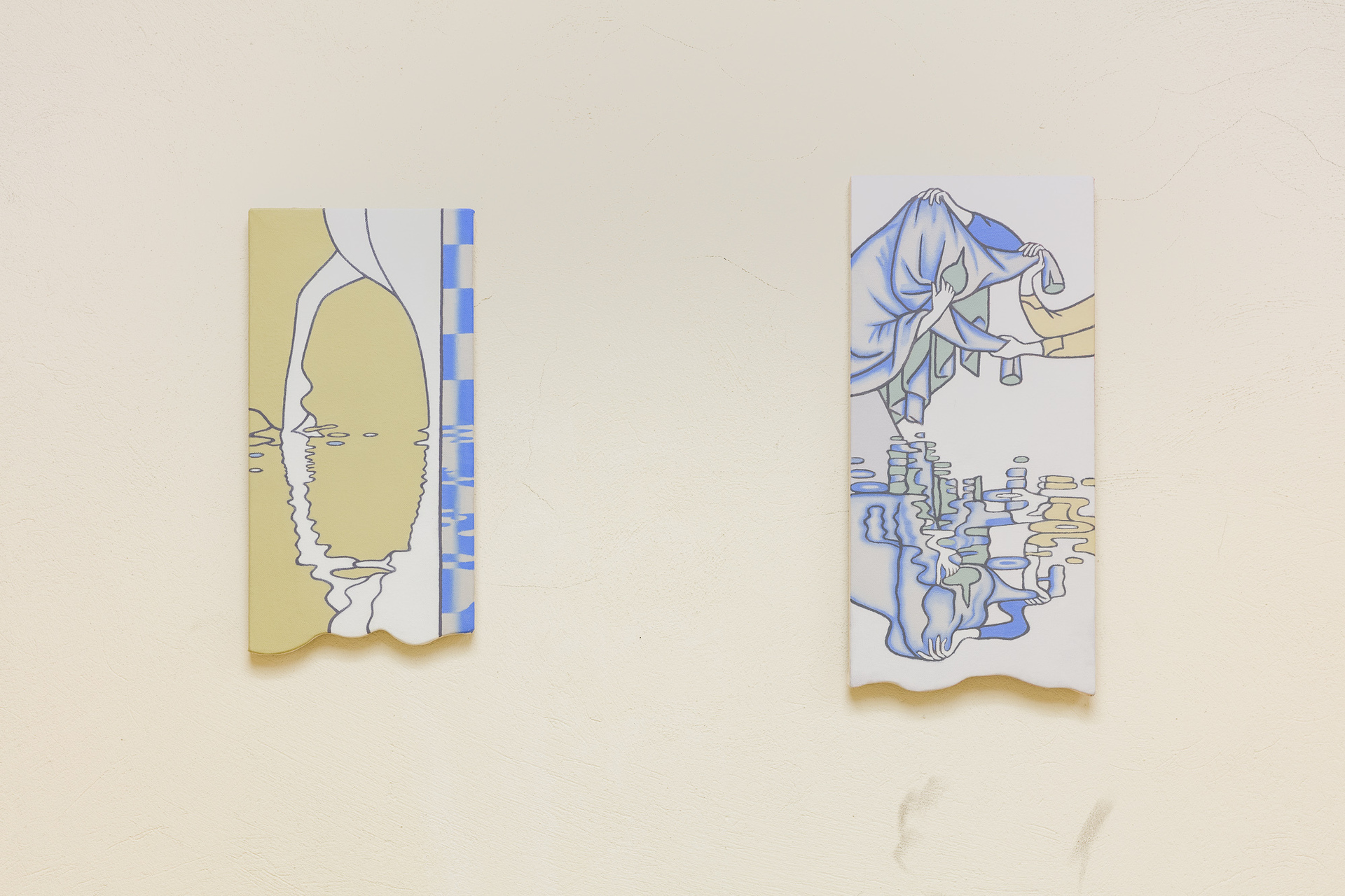 Katharina Schilling, Left:The Opening (reflected),2020, oil on canvas, 40 x 20 cm. Right: enclothed cognition, 2021, oil on canvas,47 x 22 cm.