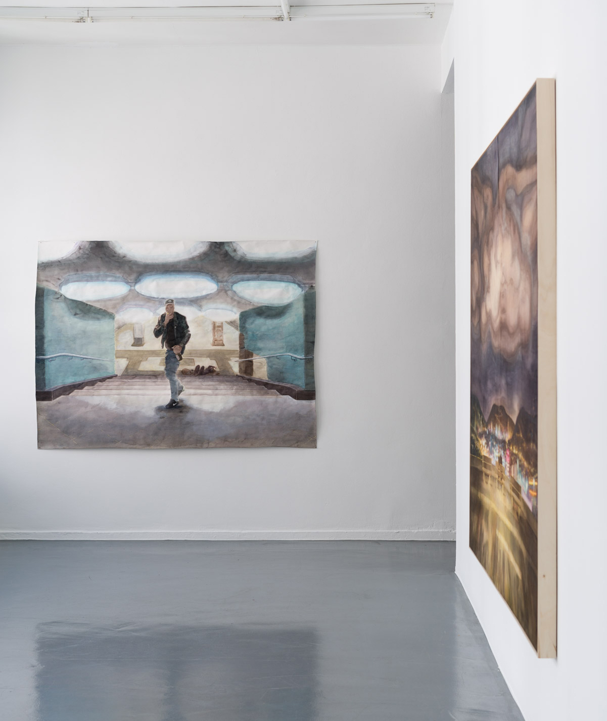 Arthur Metz 'U-Bahn-Treter' 2021 watercolor on paper 150 x 200 cm, and 'Killesberg', 2021, acrylic on wood, 185 x 240 cm