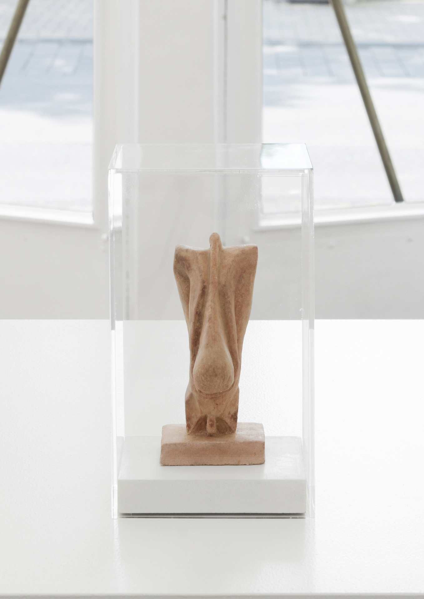 Mark Barker, Untitled, 2021, clay, beeswax, painted wood, acrylic hood, 19 x 11 x 8 cm