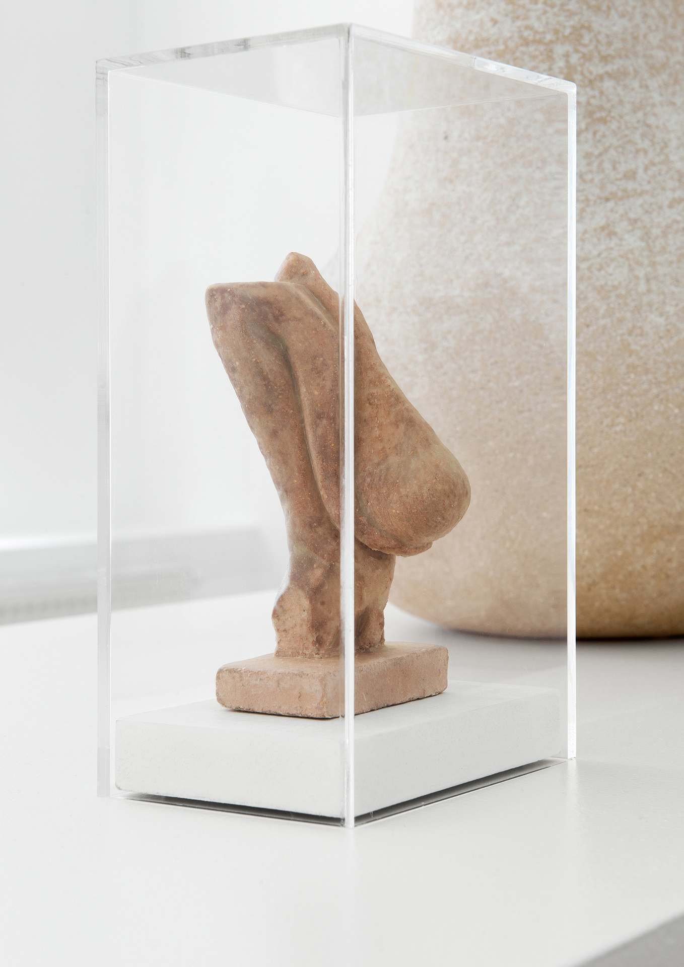 Mark Barker, Untitled, 2021, clay, beeswax, painted wood, acrylic hood, 19 x 11 x 8 cm