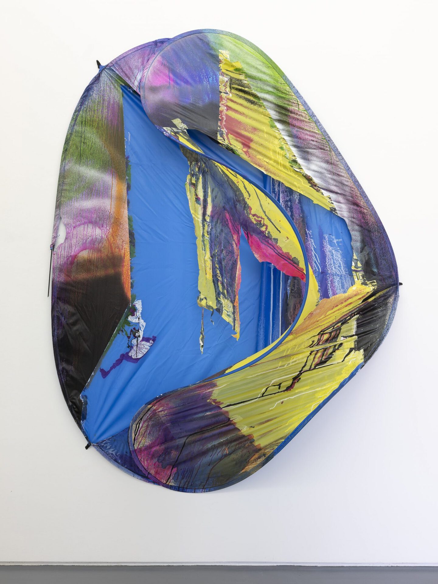 Max Geisler, H.1.21 (Rasthof "Break Dancer"), 2021, acrylic and varnish on pop-up tent, 218 x 67 x 169 cm