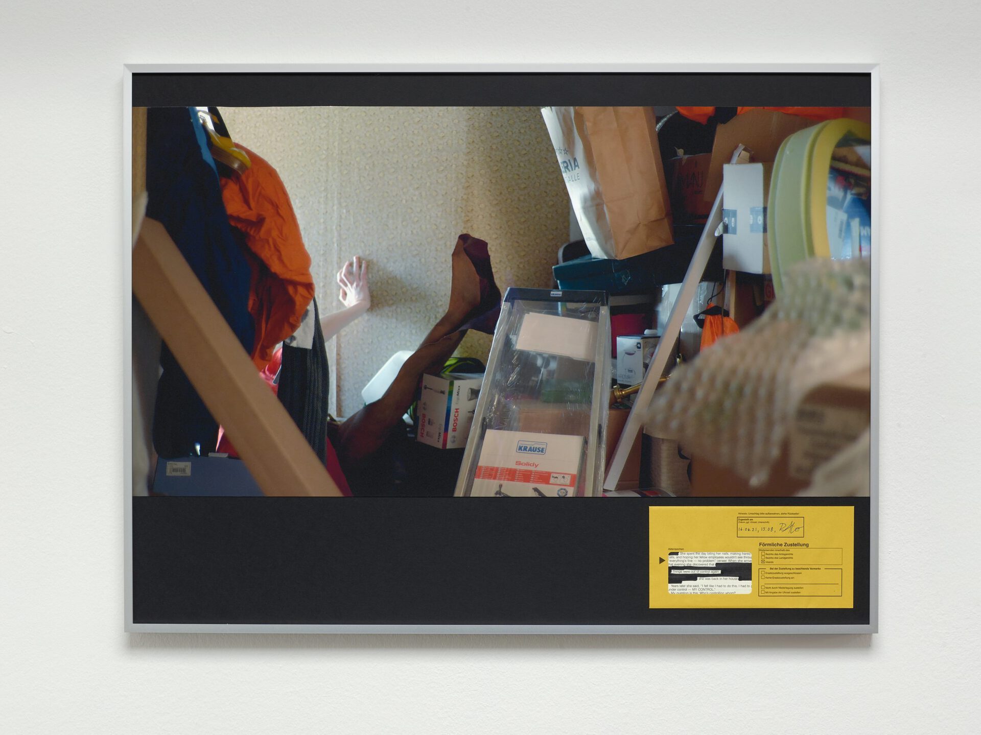 Rosa Aiello, Inventory (Horror), 2021 C-print on Hahnemühle paper, yellow letter, page of 'Codependent No More’ (1987) by Melody Beattie, black marker, ballpoint pen; aluminium frame, museum glass, 60 x 80 cm