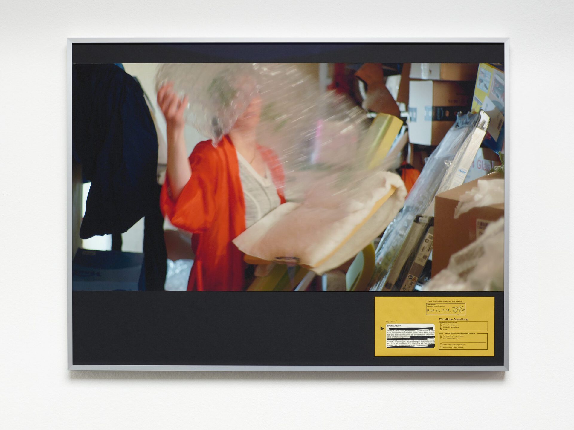 Rosa Aiello, Inventory (Helen Exhales), 2021 C-print on Hahnemühle paper, yellow letter, page of "Codependent No More" (1987) by Melody Beattie, black marker, ballpoint pen; aluminium frame, museum glass, 60 x 80 cm