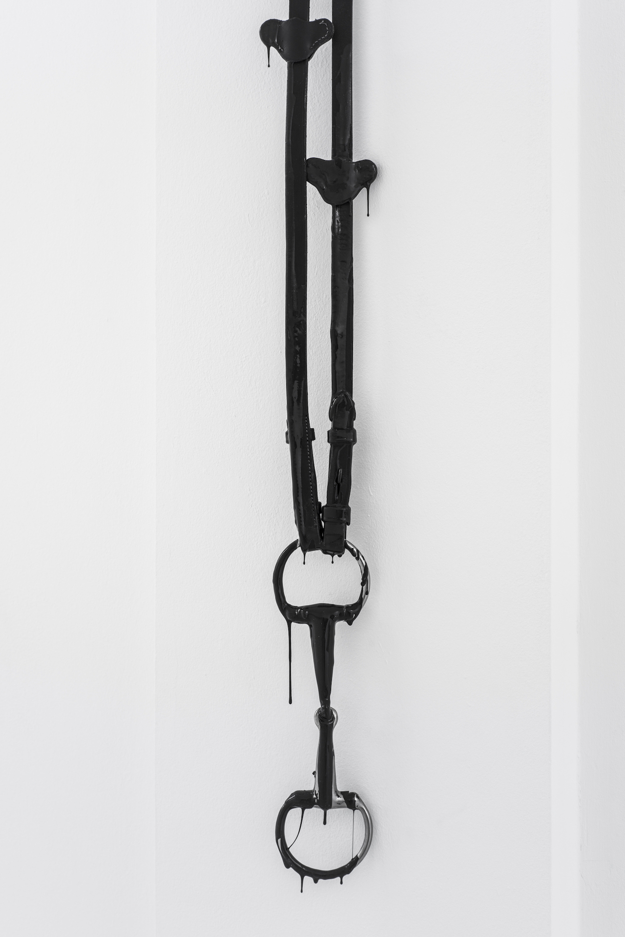 Eliza Ballesteros, Horse Bite I, stainless steel snaffle, leather bridles, latex, eye plate, 8 x 180 cm, 2021