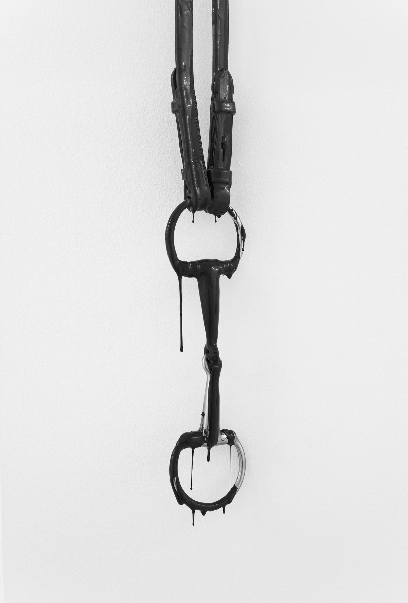 Eliza Ballesteros, Horse Bite I, stainless steel snaffle, leather bridles, latex, eye plate, 8 x 180 cm, 2021