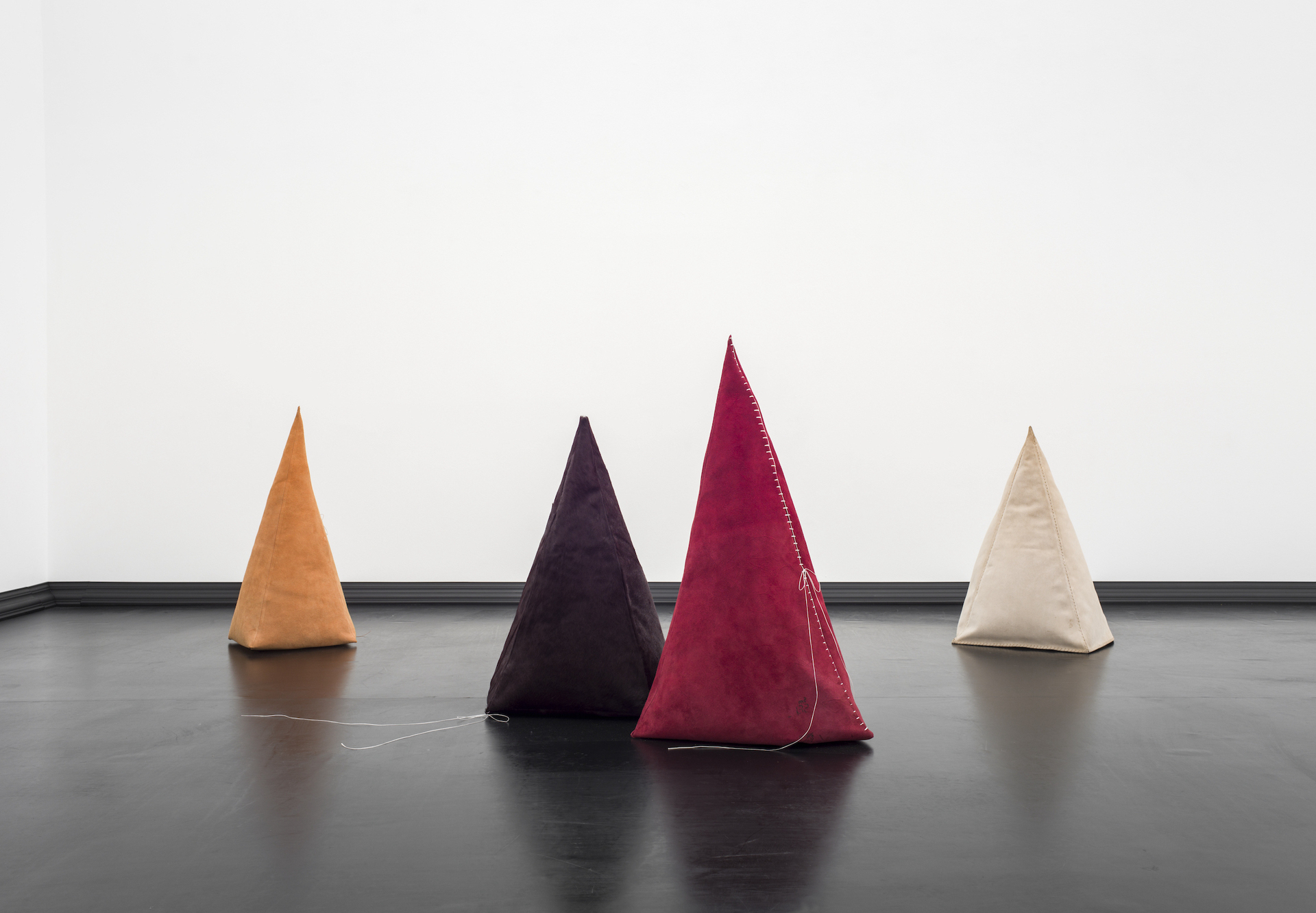 Eliza Ballesteros, Cones (for Michaël), leather, fur, wax threat, padding, vinyl, skirting boards, dimensions variable, 2021