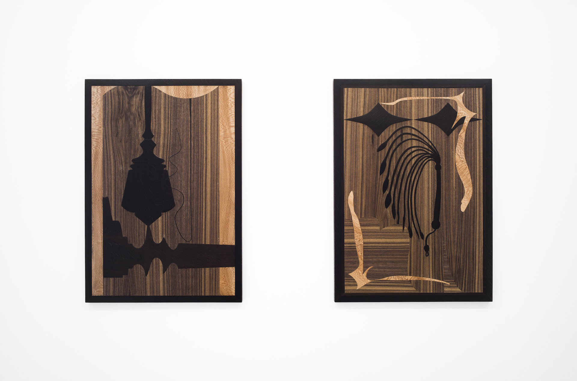 Eliza Ballesteros, WHIP I (dildop) + WHIP II (9+1 CAT), smoked oat, walnut, platane, wax finish, 59 x 84 x 3 cm, 2021