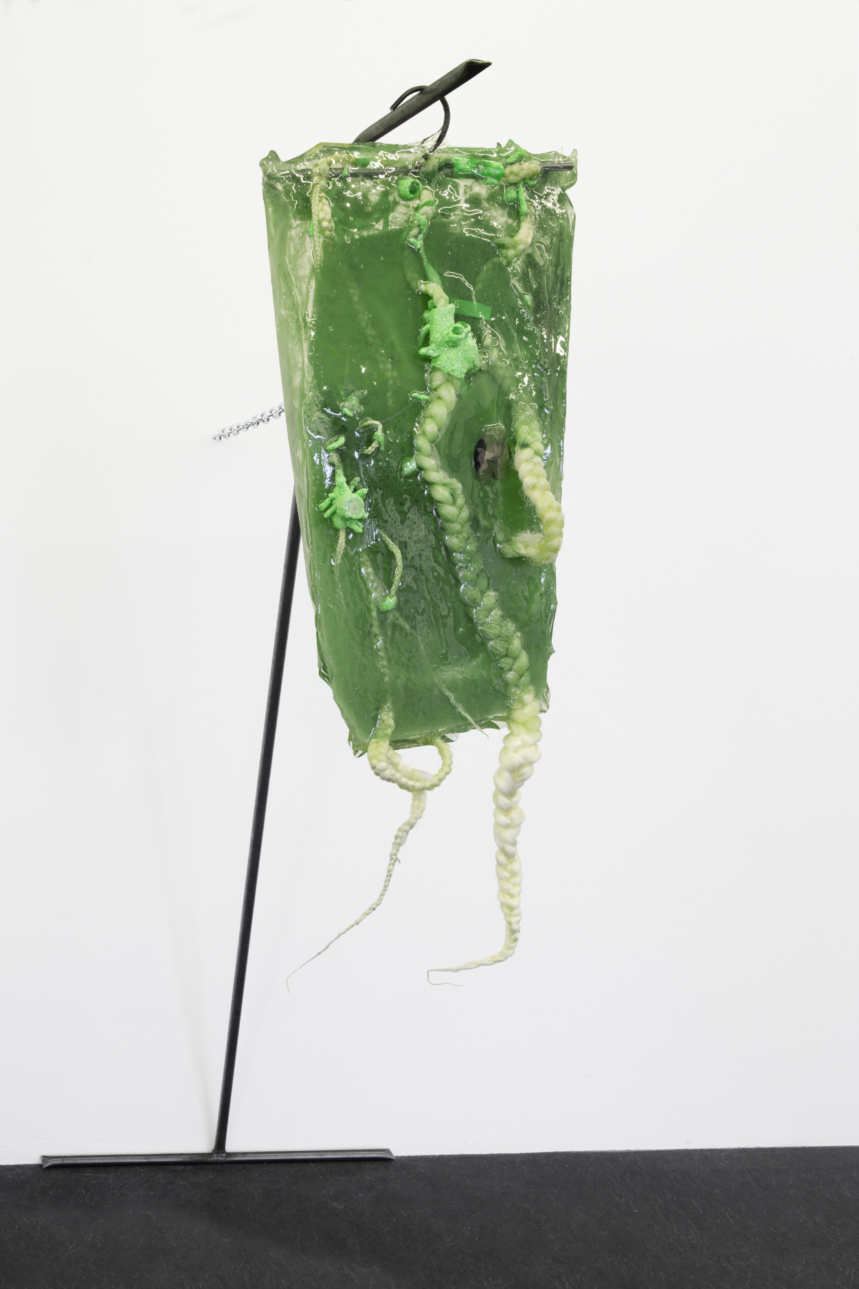 Theresa Weber, Bacterium, 2020, synthetic hair, pigment, modeling clay, print on paper in polyester on metal