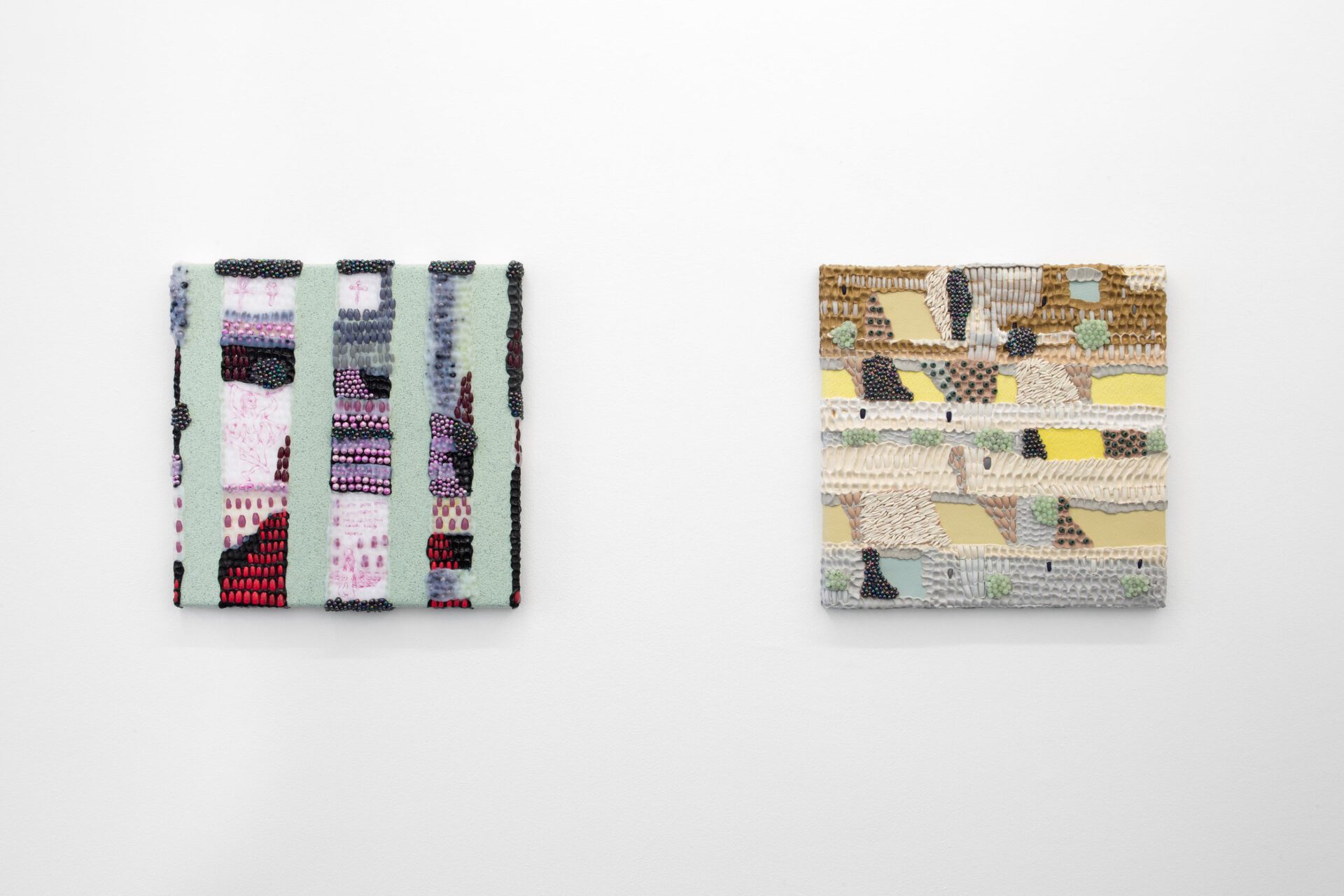 Theresa Weber, left: Hathor, 2021, silicone, beads, artificial nails, print on paper on wood, right: Country Side, 2021, silicone, beads, artificial nails on wood