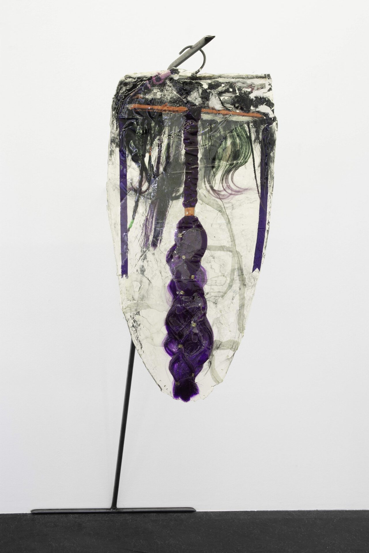 Theresa Weber, Purple, 2020, synthetic hair, braid, clips, silicone, charcoal, modeling clay on metal