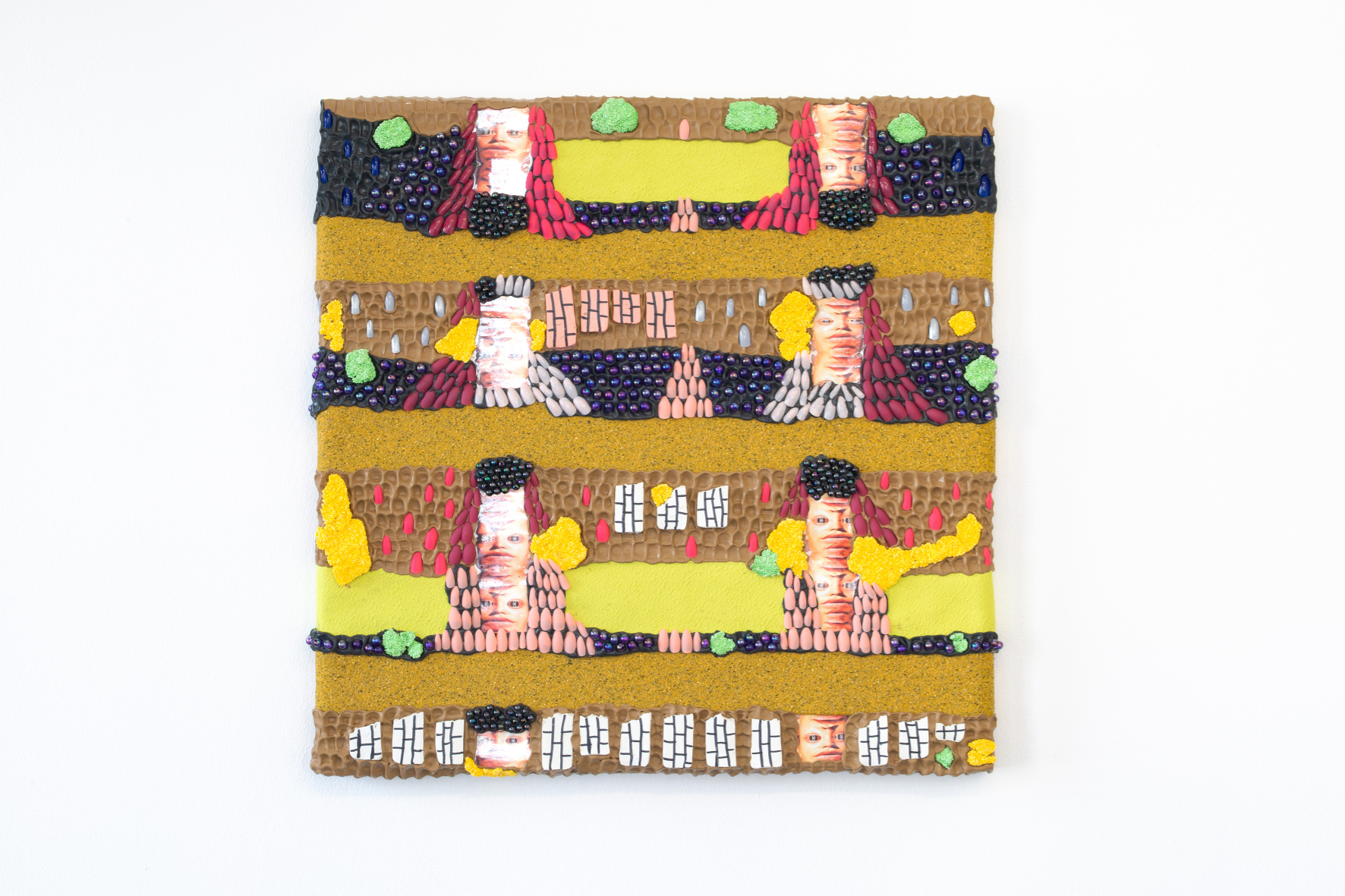 Theresa Weber, Milk and Honey, 2021, silicone, prints on paper, artificial nails, beads, clay, modeling clay on wood