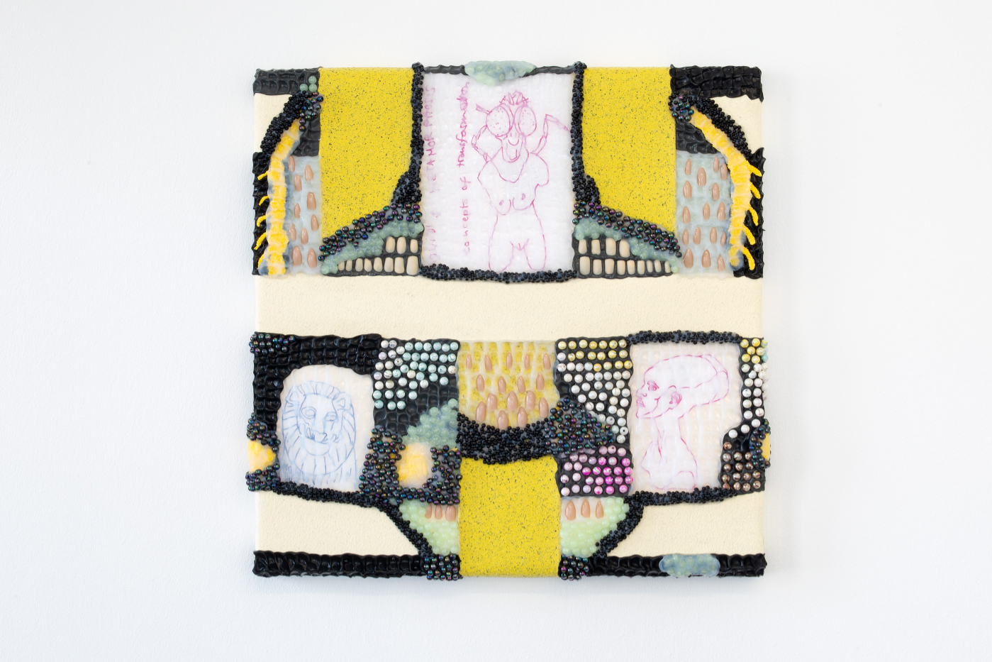 Theresa Weber, Metamorphosis, 2021, silicone, beads, artificial nails, prints on paper, modeling clay on wood