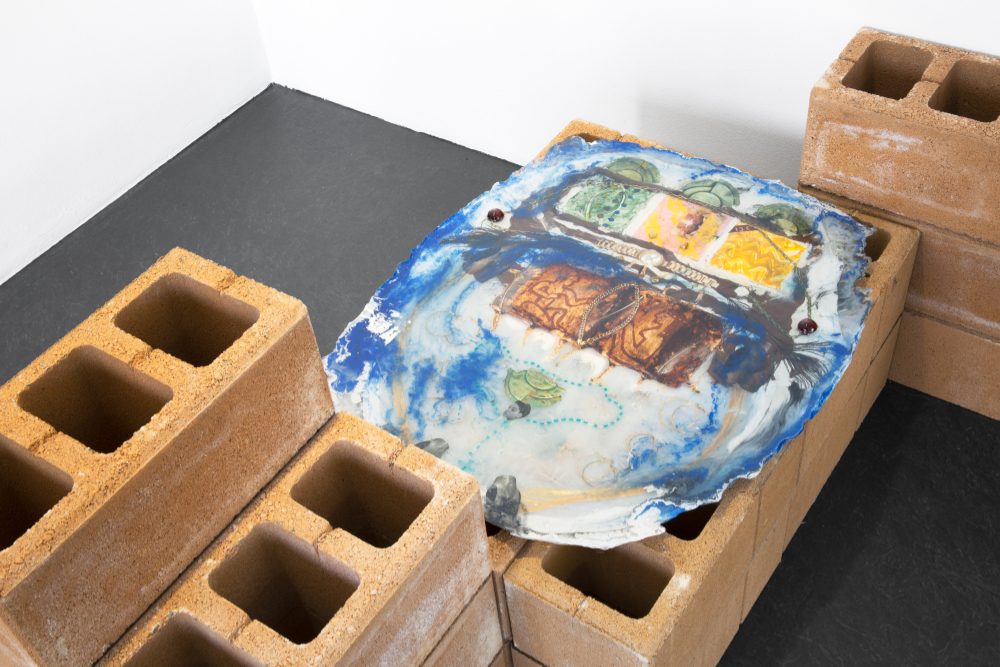 Theresa Weber, Blue Ocean, 2020, silicon, tiles, jewelry, feathers, beads, pigment in polyester on metal