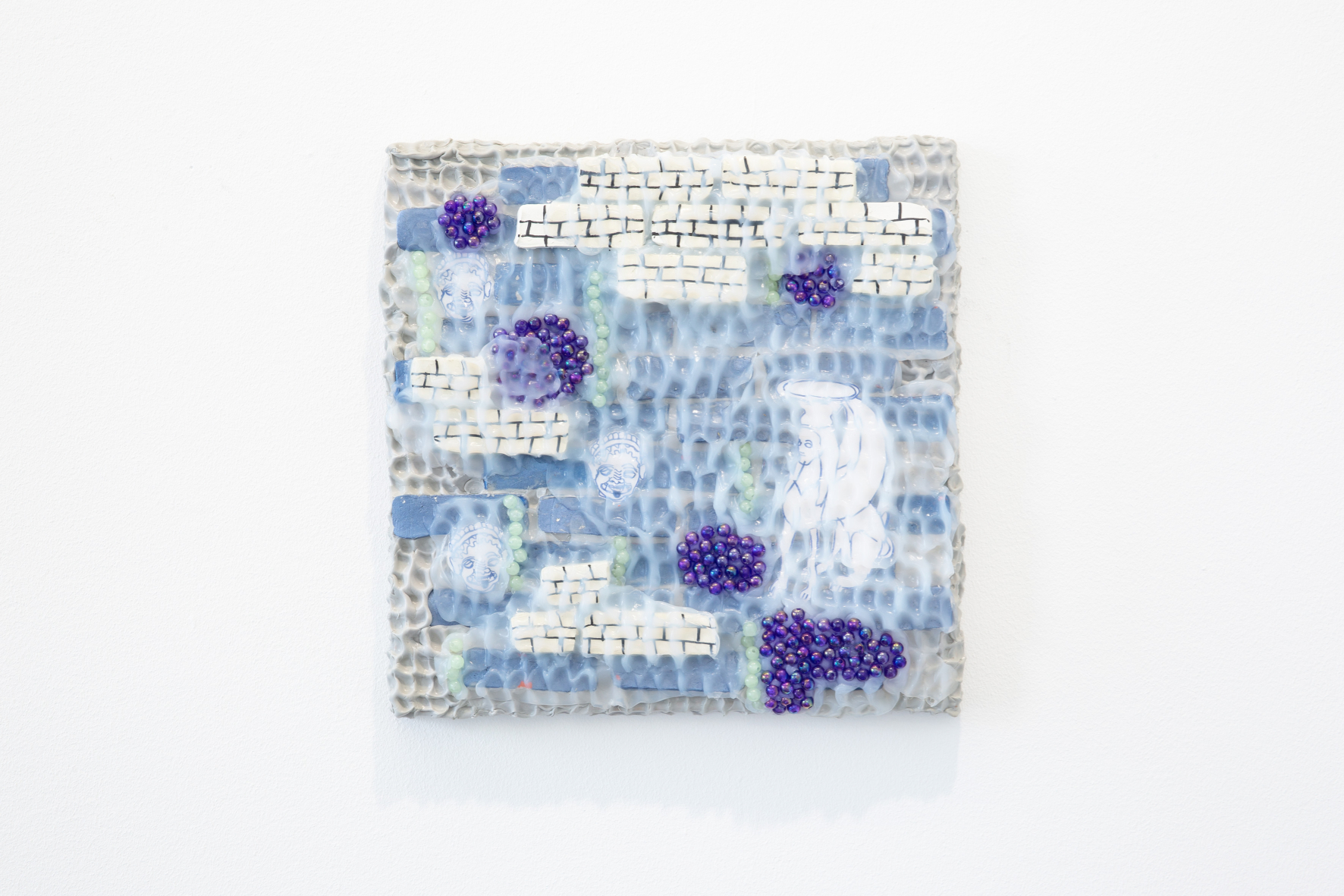 Theresa Weber, Sphynx, 2021, silicone, beads, prints on paper, clay, marker, varnish on wood