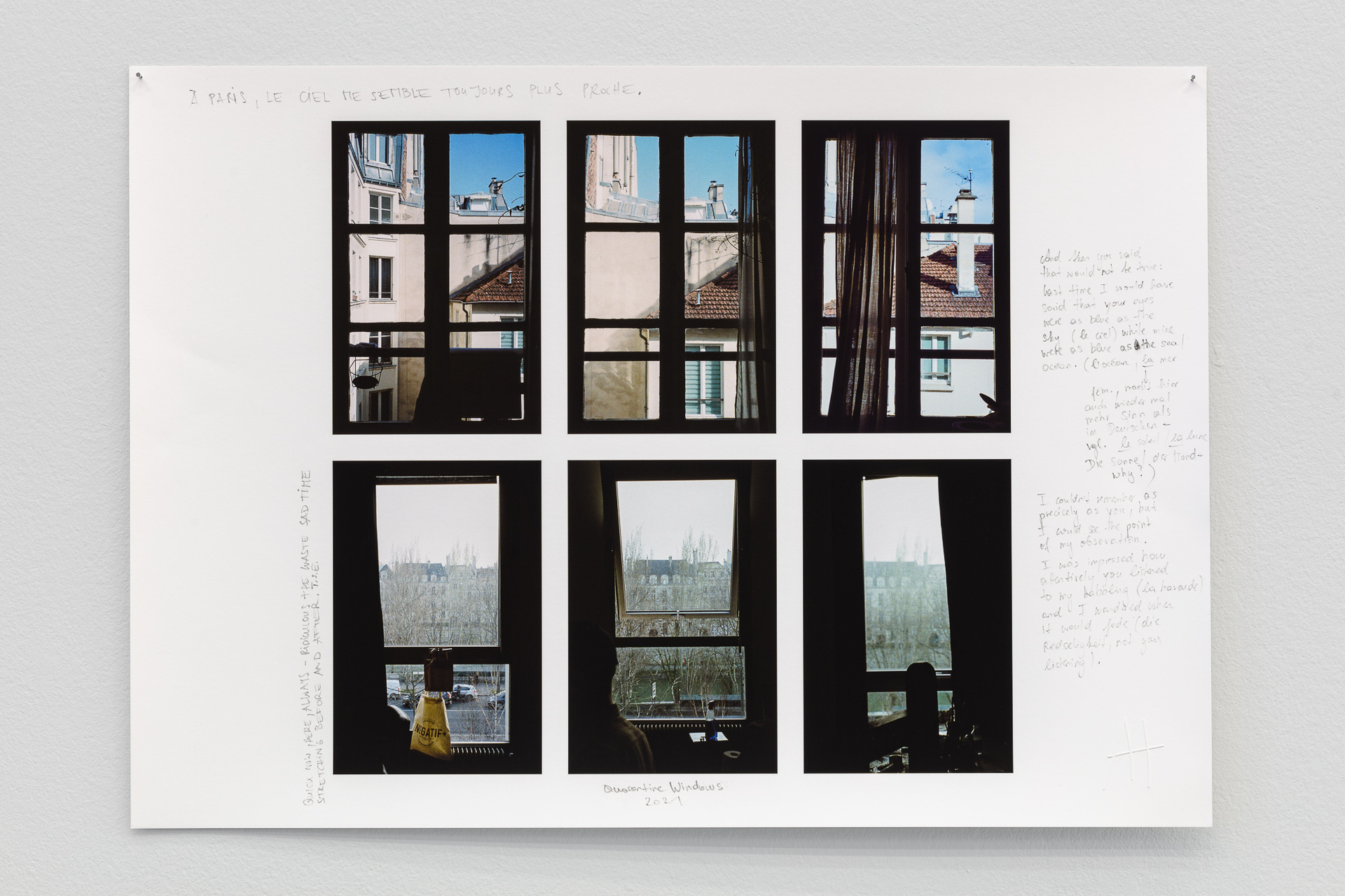 Anaïs Horn: À Paris, le ciel me semble toujours plus proche (Quarantine Windows), 2021. Archival inkjet prints on Hahnemühle paper, with pencil notes and embossing, 59.4 × 42 cm.