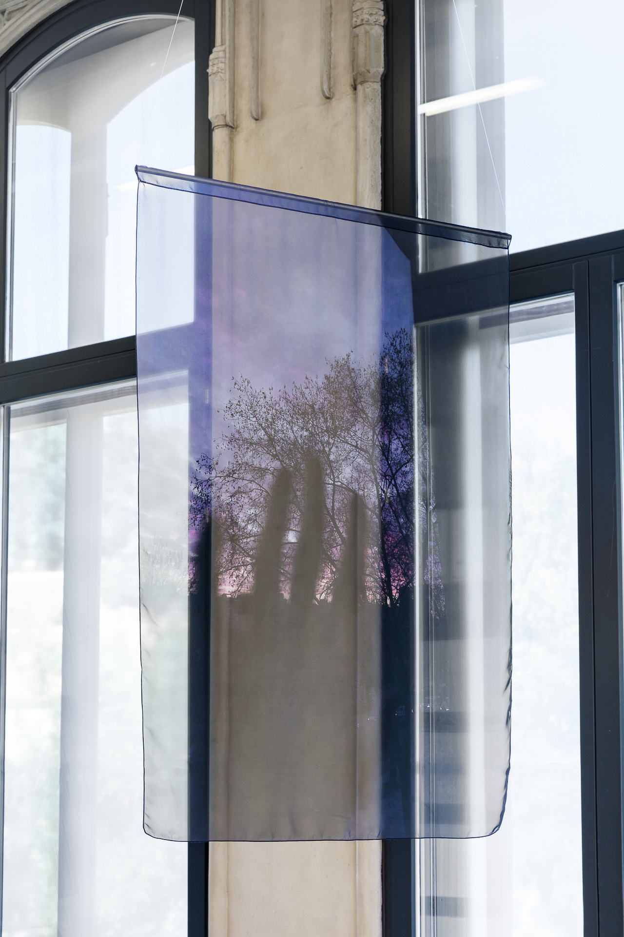 Anaïs Horn: Untitled, from: Beloved Hands, 2021. Curtain object, photo print on silk chiffon, 75 × 50 cm.