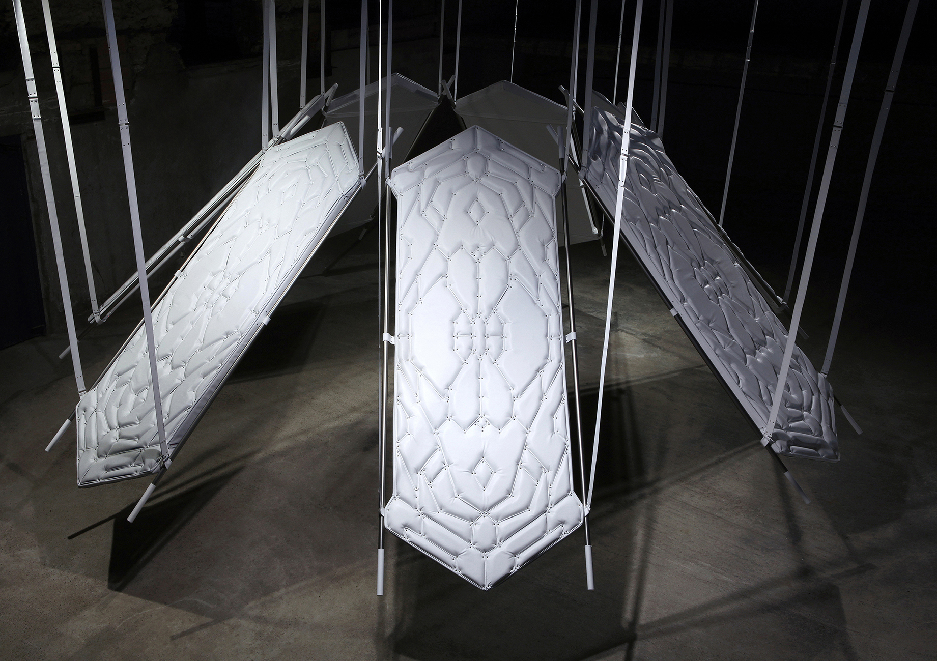 Floryan Varennes, Hildegarde, 2021, leather, rivets, foam, rings, dimensions variable.