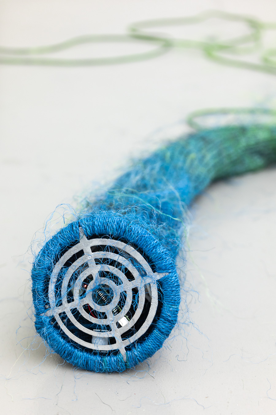 Kate Fahey, algael bloom, 2021, handknitted sisal, raspberry pie, motion sensor, speaker, dimensions variable