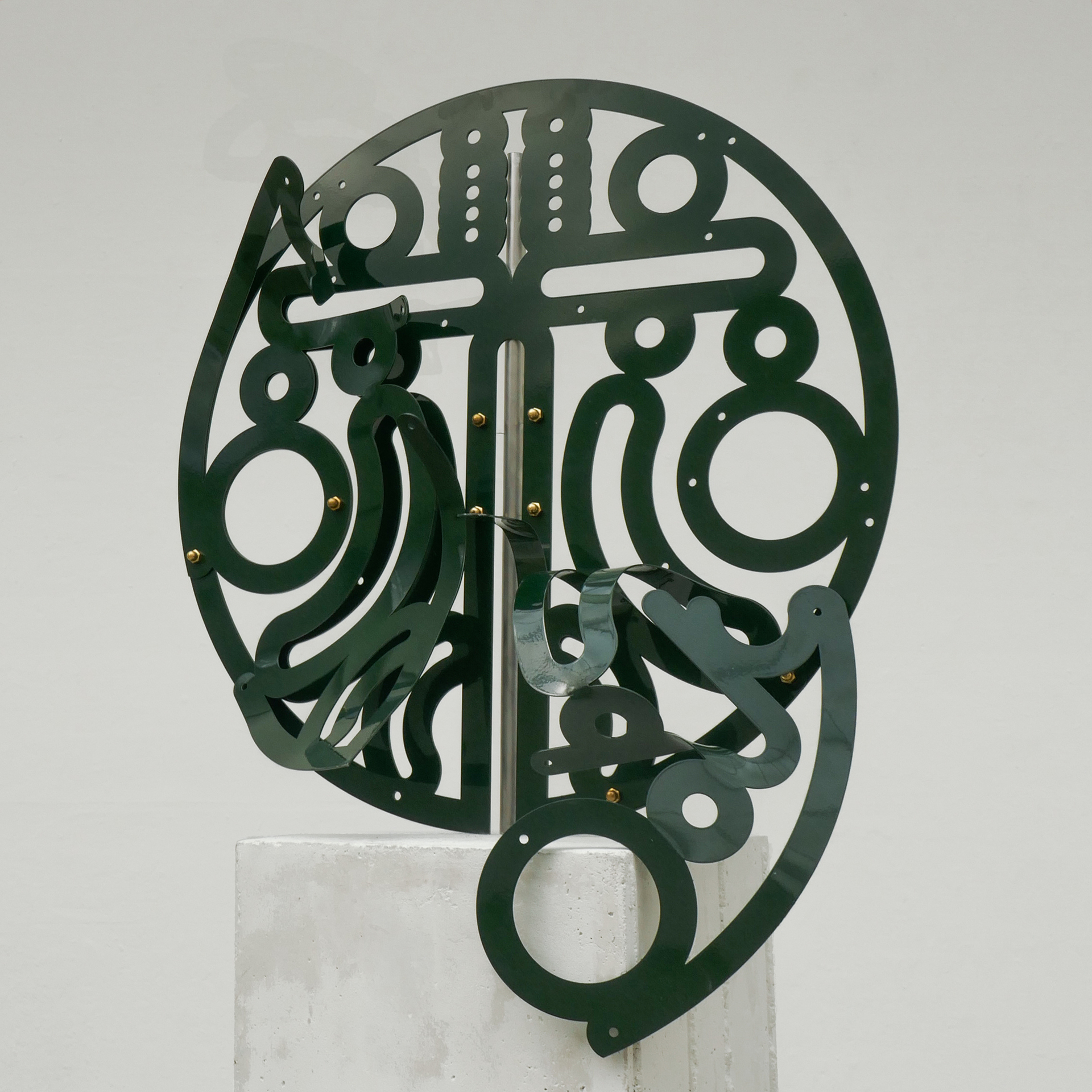 Jack West, Green Sentinel (detail), 2021, concrete, laser cut steel, brass bolts, 250x60x60