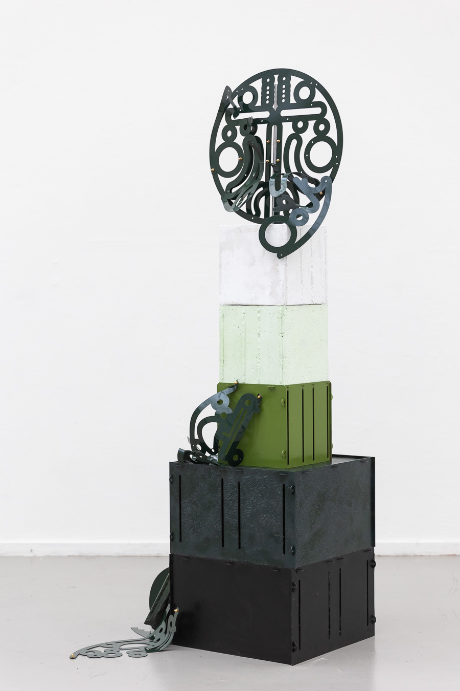 Jack West, Green Sentinel, 2021, concrete, laser cut steel, brass bolts, 250x60x60