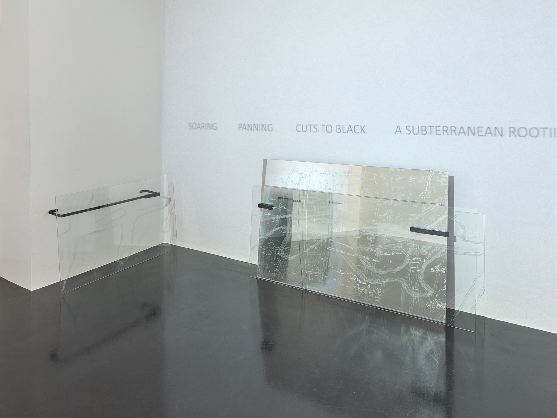 Carlotta Drinkewitz, Delia Jürgens, echoes, 2021, glass, mirror, engraving, acrylic paint, steel, video, size variable; Carlotta Drinkewitz, Delia Jürgens, Jessica Dillon, Karolina Lavergne, Tarik Kentouche, years of her life, 2020-21, video, livestream, Instagram highlight, size variable