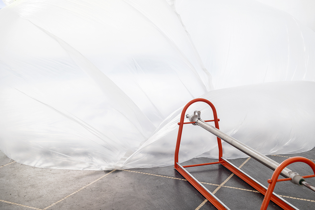 Nina Nowak And Now, Up in the Air! (Machine pt II), 2021  Powder coated steel, concrete, pneumatic pump, foil, tape object size: 57 x 67 x 371cm (detail