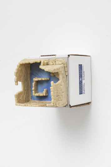 Alex Turgeon, Basement, 2021, Bread clay and paper on Canada Post shipping box. Image courtesy of the artist and Ashley Berlin. Photo: Ben Marvin