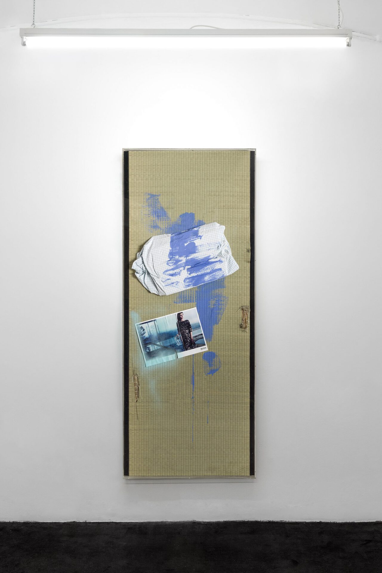 Yves Scherer, Sirens (Air Bnb), 2015, Tatami mat, wood, plexiglass, magazine page, pillow, fabric, acrylic paint, 200cm x 80cm x 10cm