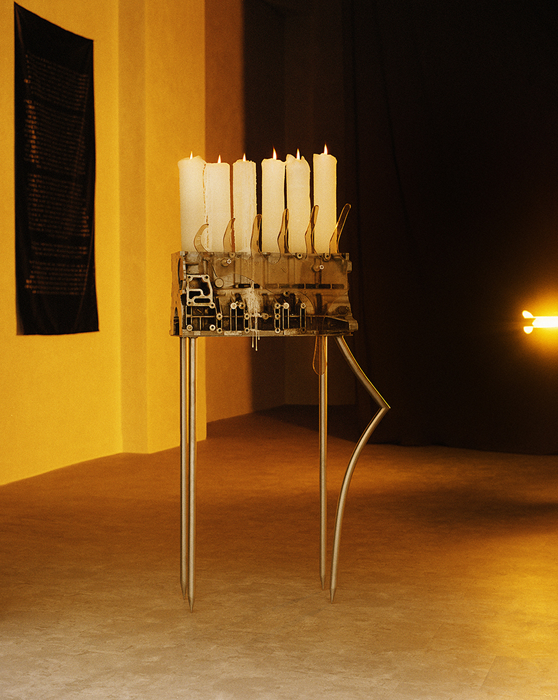 Szilvia Bolla, Aron Lodi, Elegy of Bambi, 2021, steel, motor engine, wax, thermoformed plexiglass, 170 x 80 x 60 cm