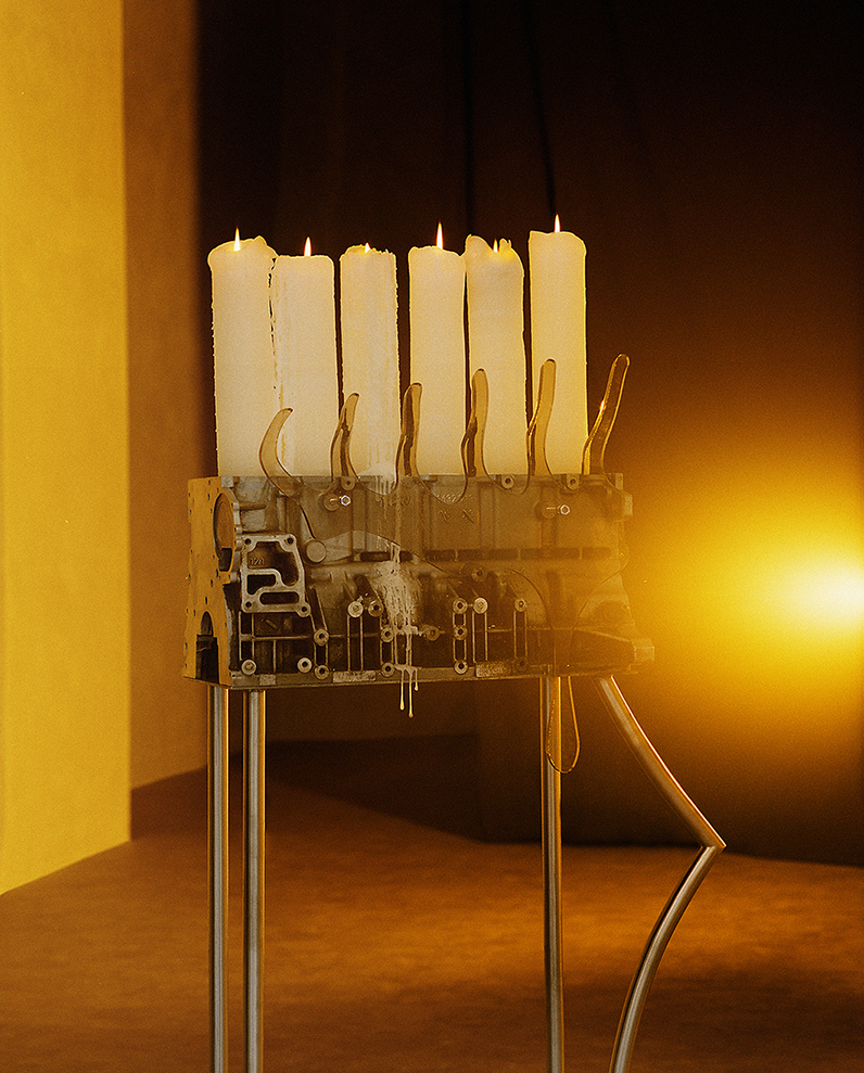 Szilvia Bolla, Aron Lodi, Elegy of Bambi, 2021, steel, motor engine, wax, thermoformed plexiglass, 170 x 80 x 60 cm_2