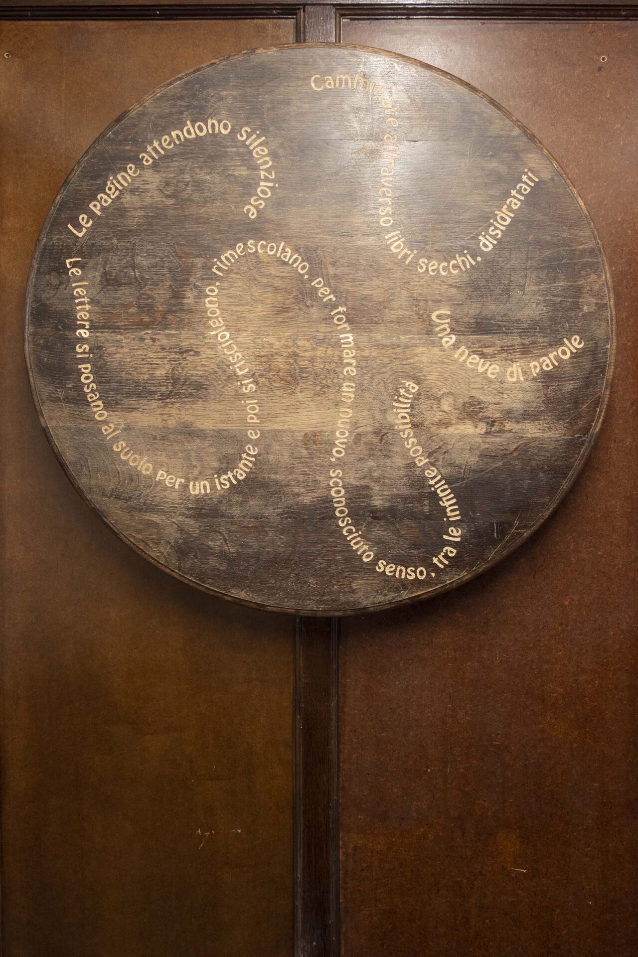 Agata Milizia, Untitled, 2021, hand-engraved wood table-top, 79 × 79 × 8,5 cm