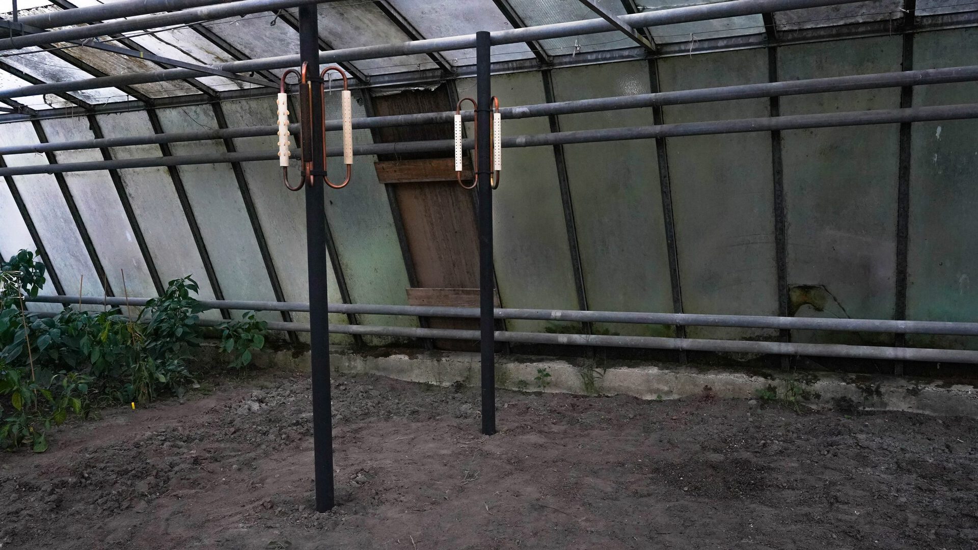 Eva Seiler, The Keeper of the Seeds 1, 2021, H 200 cm x  Ø 28 cm Material: Kupfer, Stahl, Holz, Samen (Kürbis, Traube, Tomate, Zucchini, Sonnenblume)