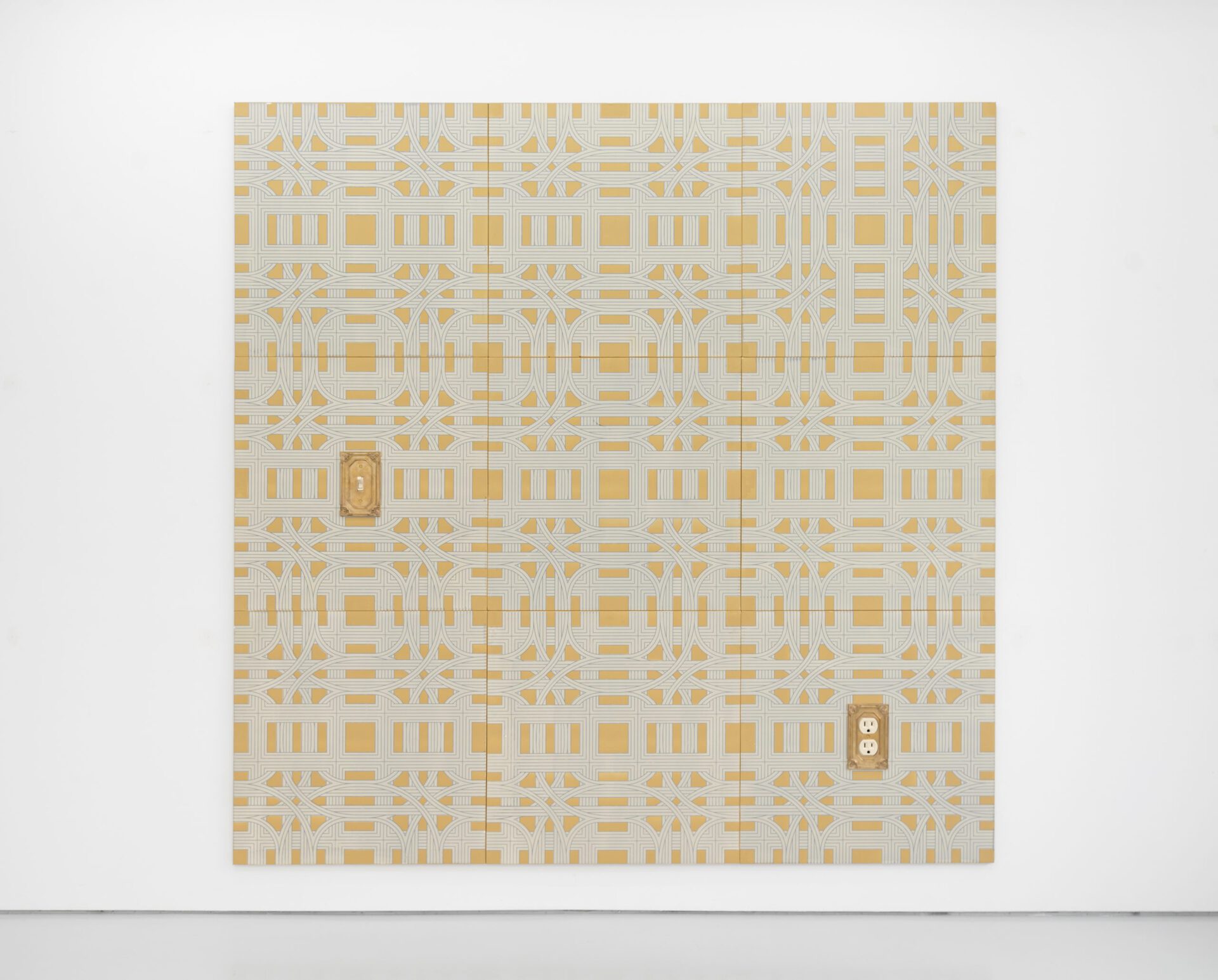 Pentti Monkkonen, Interchange Wallpaper with switch and outlet, 2021 Acrylic on canvas mounted on wood, brass, urethane 273 x 273 x 2 cm (107 1/2 x 107 1/2 x 3/4 in). Courtesy of the artist and High Art