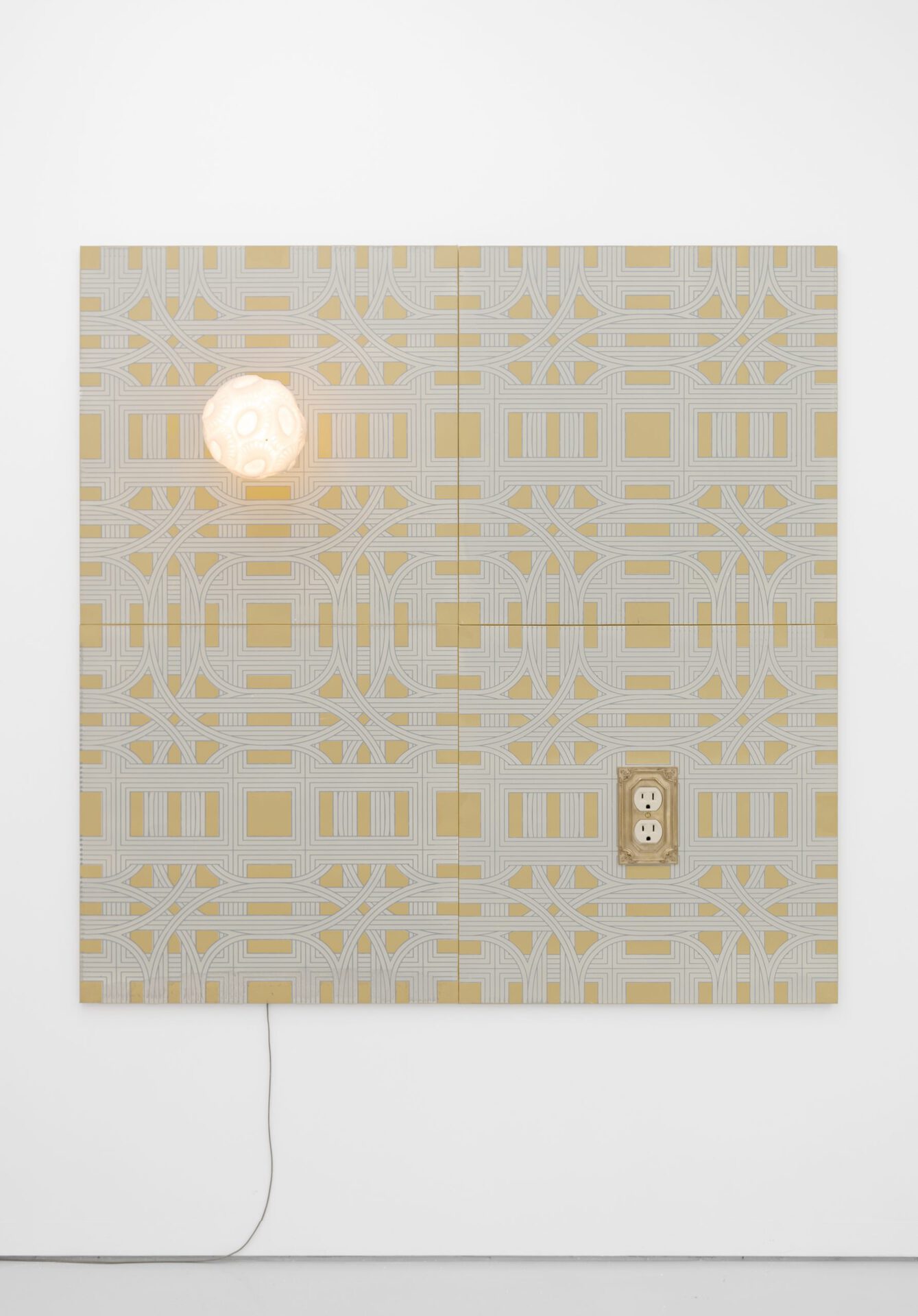 Pentti Monkkonen, Interchange Wallpaper with outlet and Cocolith lamp (left), 2021 Acrylic on canvas mounted on wood, brass, urethane, epoxy resin, lamp 182 x 182 x 2 cm (71 5/8 x 71 5/8 x 3/4 in). Courtesy of the artist and High Art