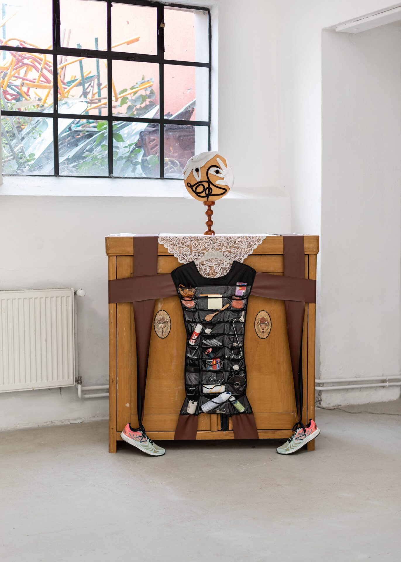 Cupboard Lady, 2021, wooden cupboard, wood, fabric, shoes, variety of things) 117 x 50 x 167 cm