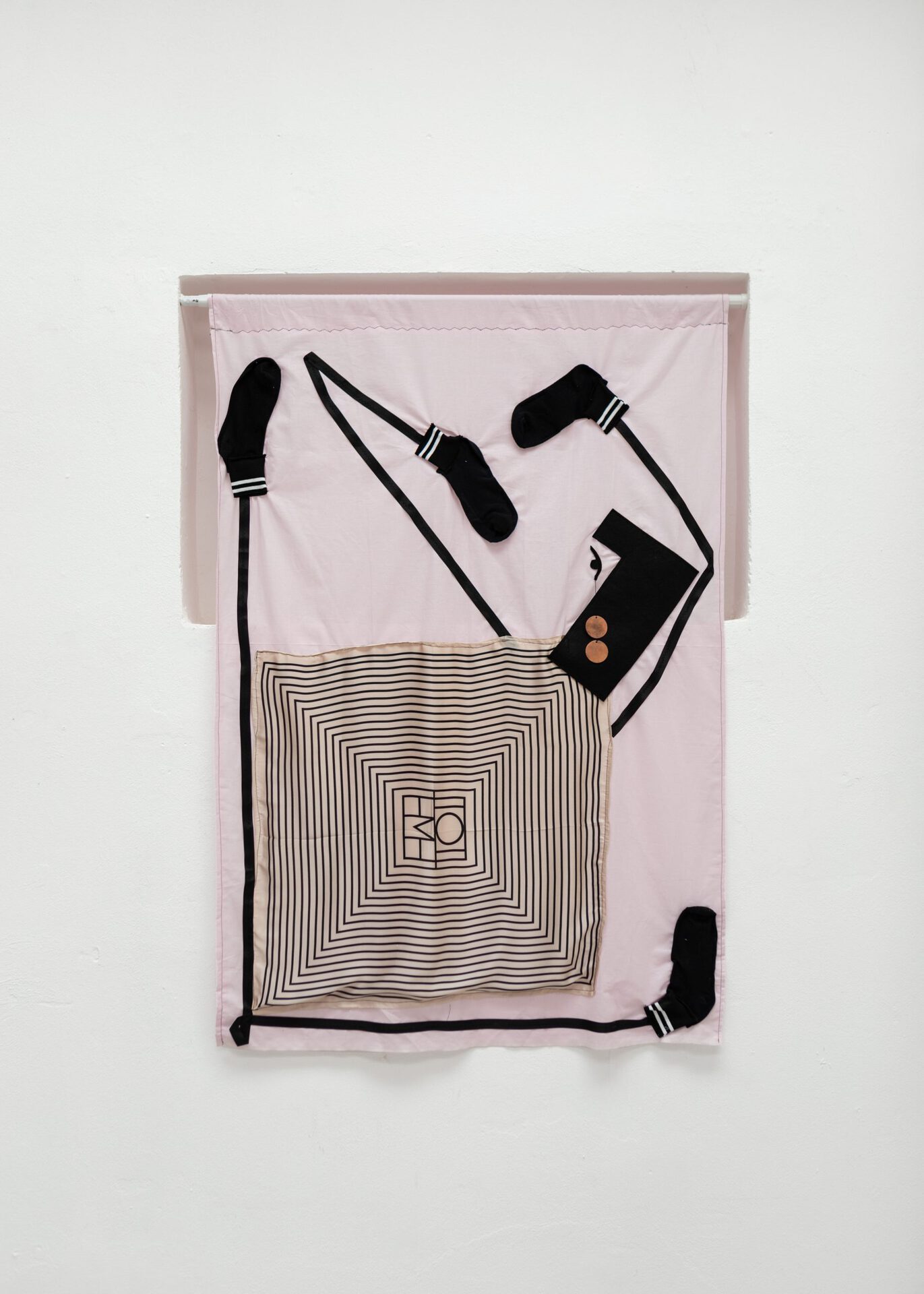 Handkerchief Lady, 2021, fabric, socks, felt, silk handkerchief, copper, pole 140 x 97 cm
