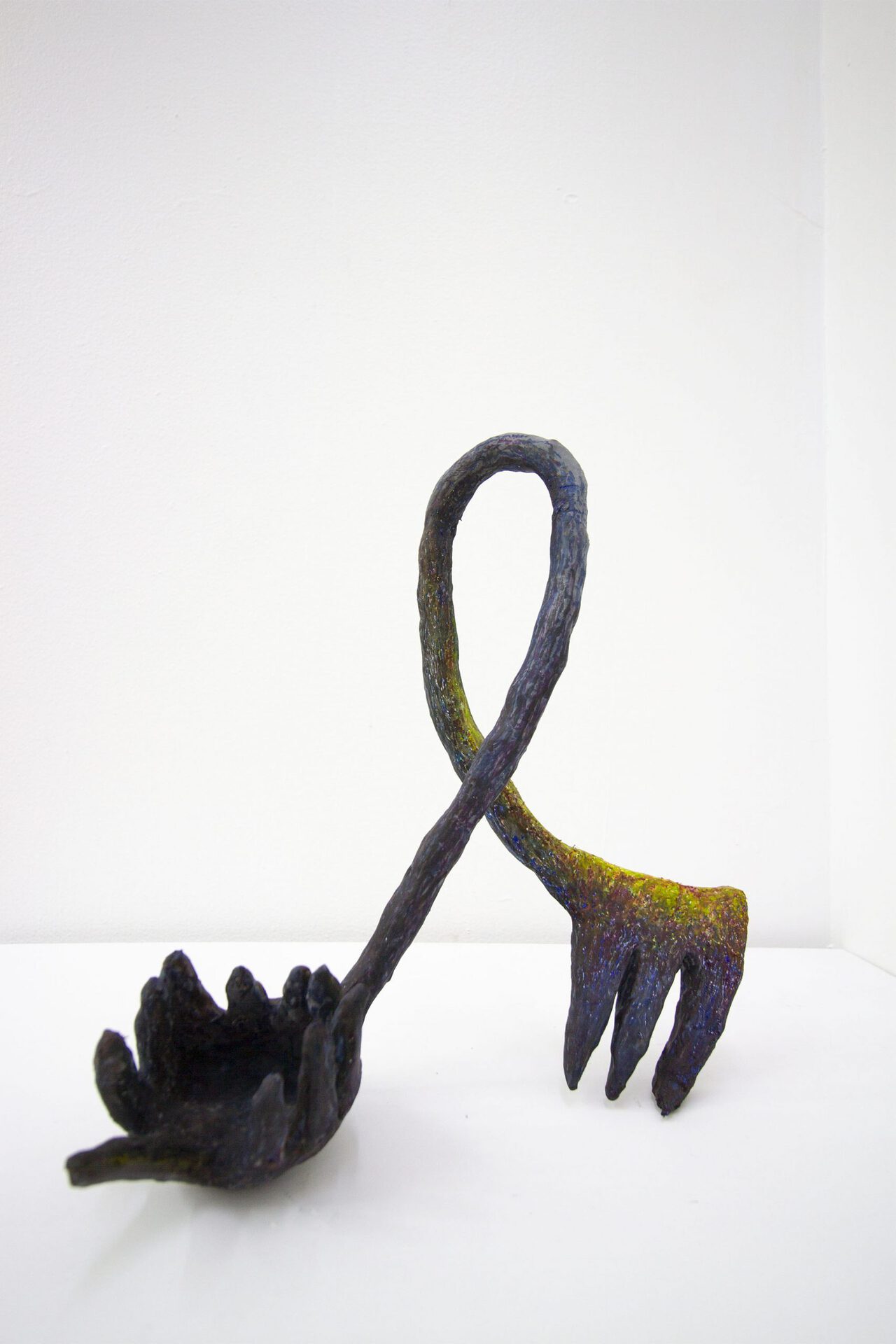 carrie R, ‘fork and ladle’, clay, plaster, wire, marker, oil bar, 11 h x 11.5 w x 4.75 d inches, 2021