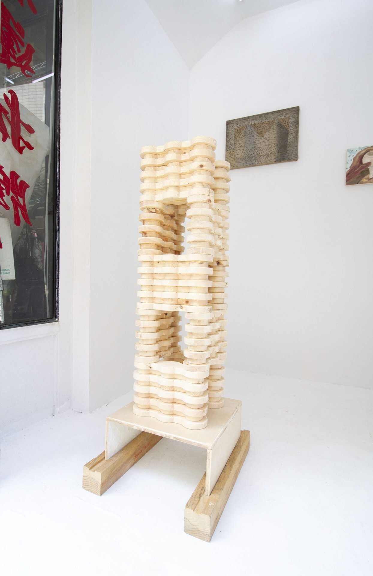 Amanda Martinez, ‘Ear to the Ground (T. Lucida)’, carved pine, found carved spruce, baltic birch plywood from artist’s former illegal live/work loft, soy wax, emulsion with coopertively farmed pericon (fragrant Mexican mint marigold or tagetes lucida), 45” x 16” x 19”, 2021