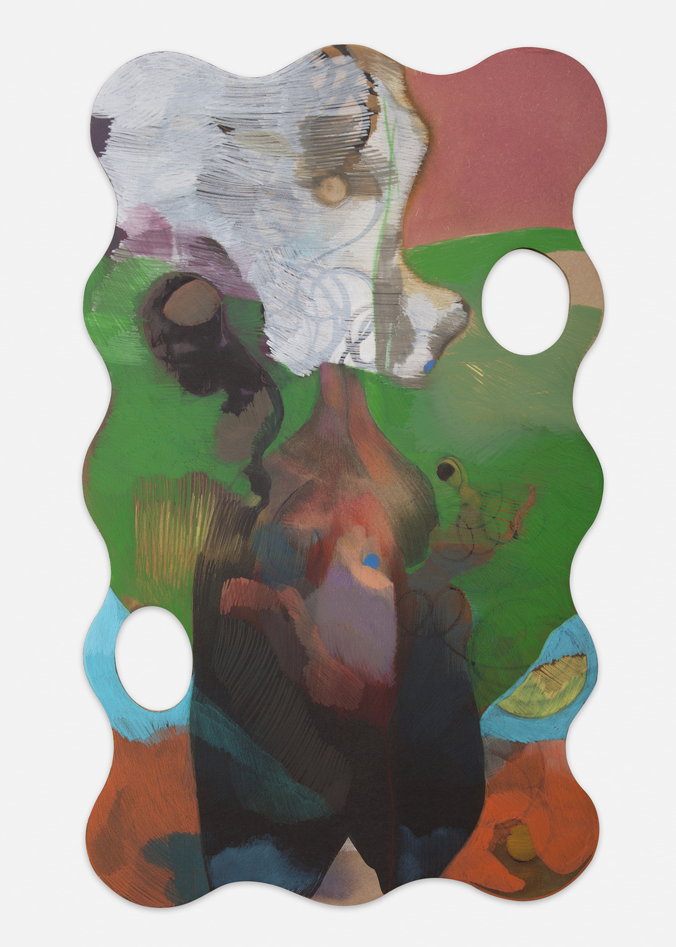 Ralph Schuster, June 9th, 2021, wood stain and colored pencil on wood, 111 x 66 cm