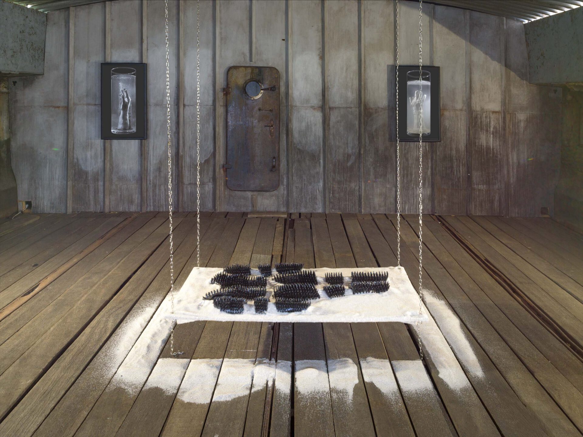 Keegan Luttrell, Barrier (installation view), 2021, dims variable, sand, glazed ceramics, stainless steel, wood.