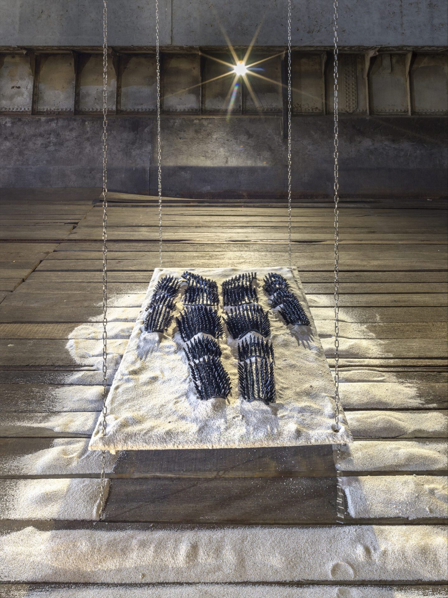 Keegan Luttrell, Barrier, 2021, dims variable, sand, glazed ceramics, stainless steel, wood.