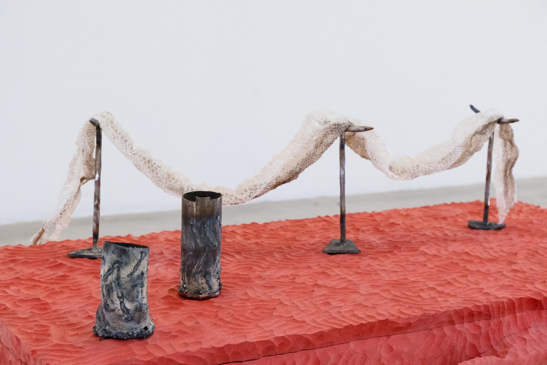 Cédric Esturillo, Shai-Hulud (3), 2021 variable dimensions wood, steel, snake sloughing.